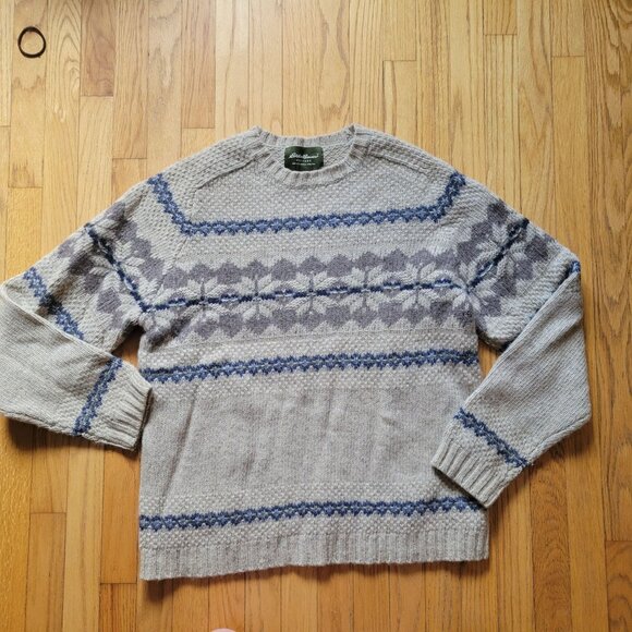 Eddie Bauer Heritage Wool Sweater Large Nordic Pattern Beige & Blue - Picture 1 of 4